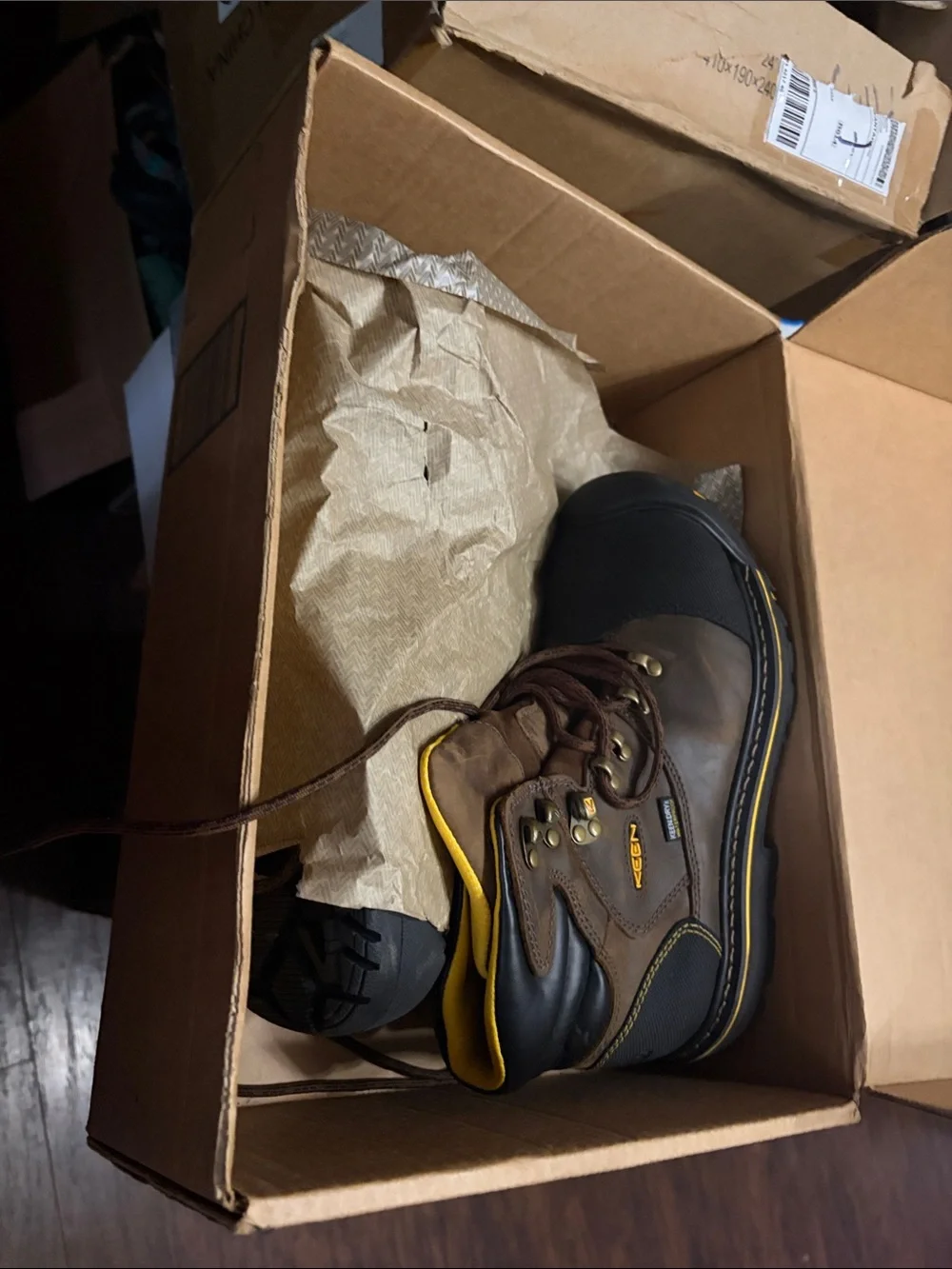 Keen Brown and Black Work Boot with Yellow Trim